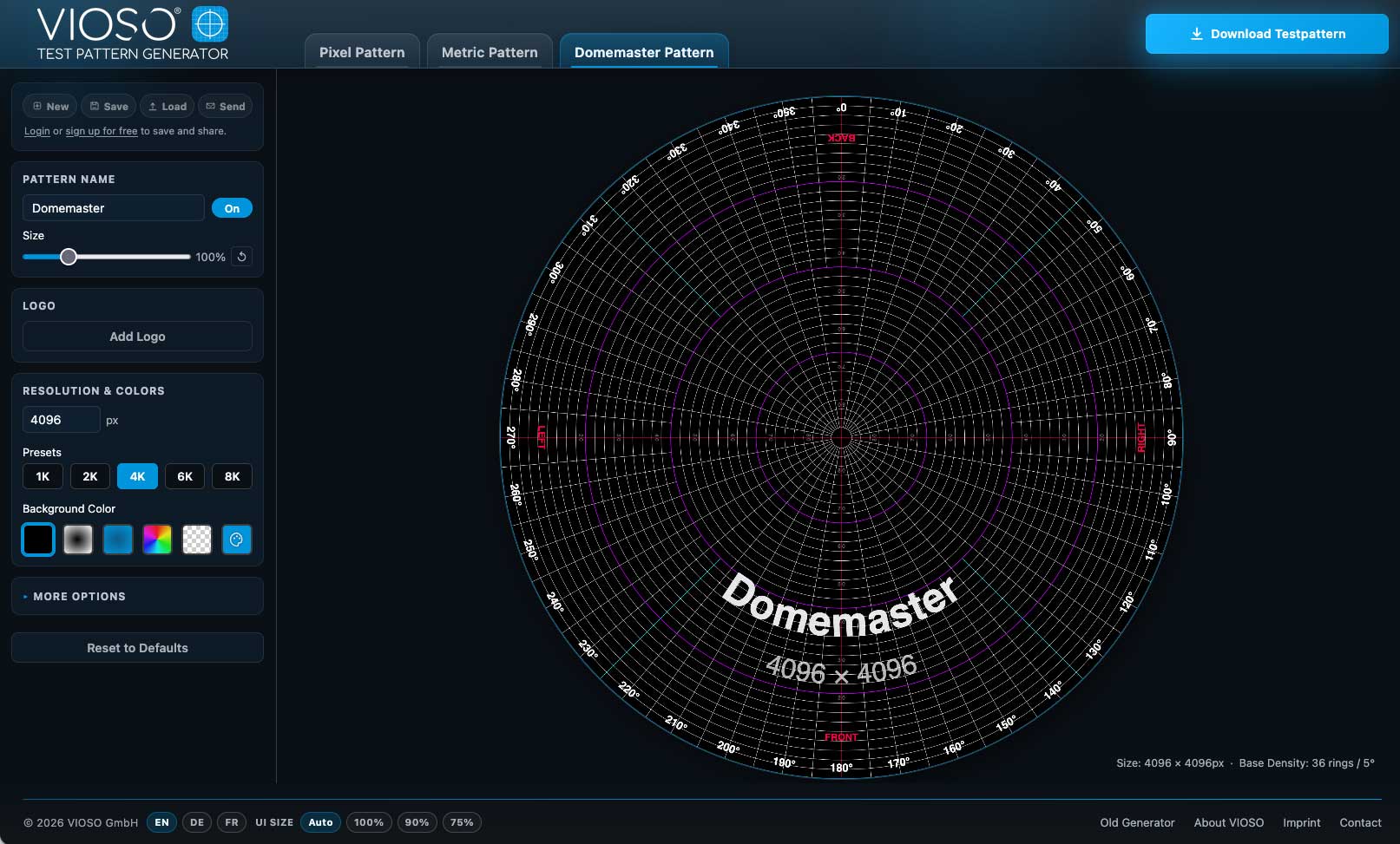 Domemaster grid in the VIOSO Test Pattern Generator