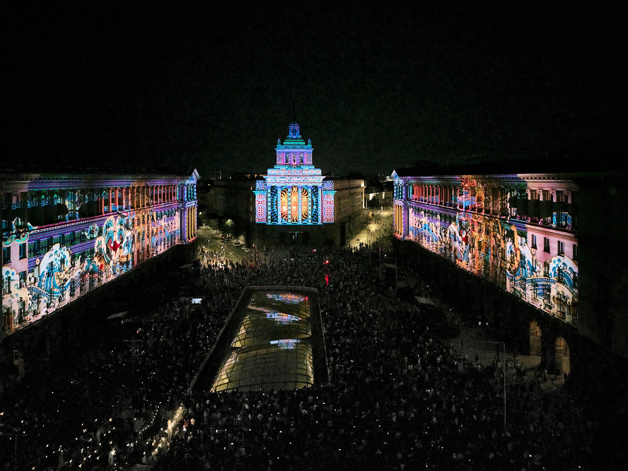 Elevated view of patterned projections across the Largo at LUNAR 2026, Sofia