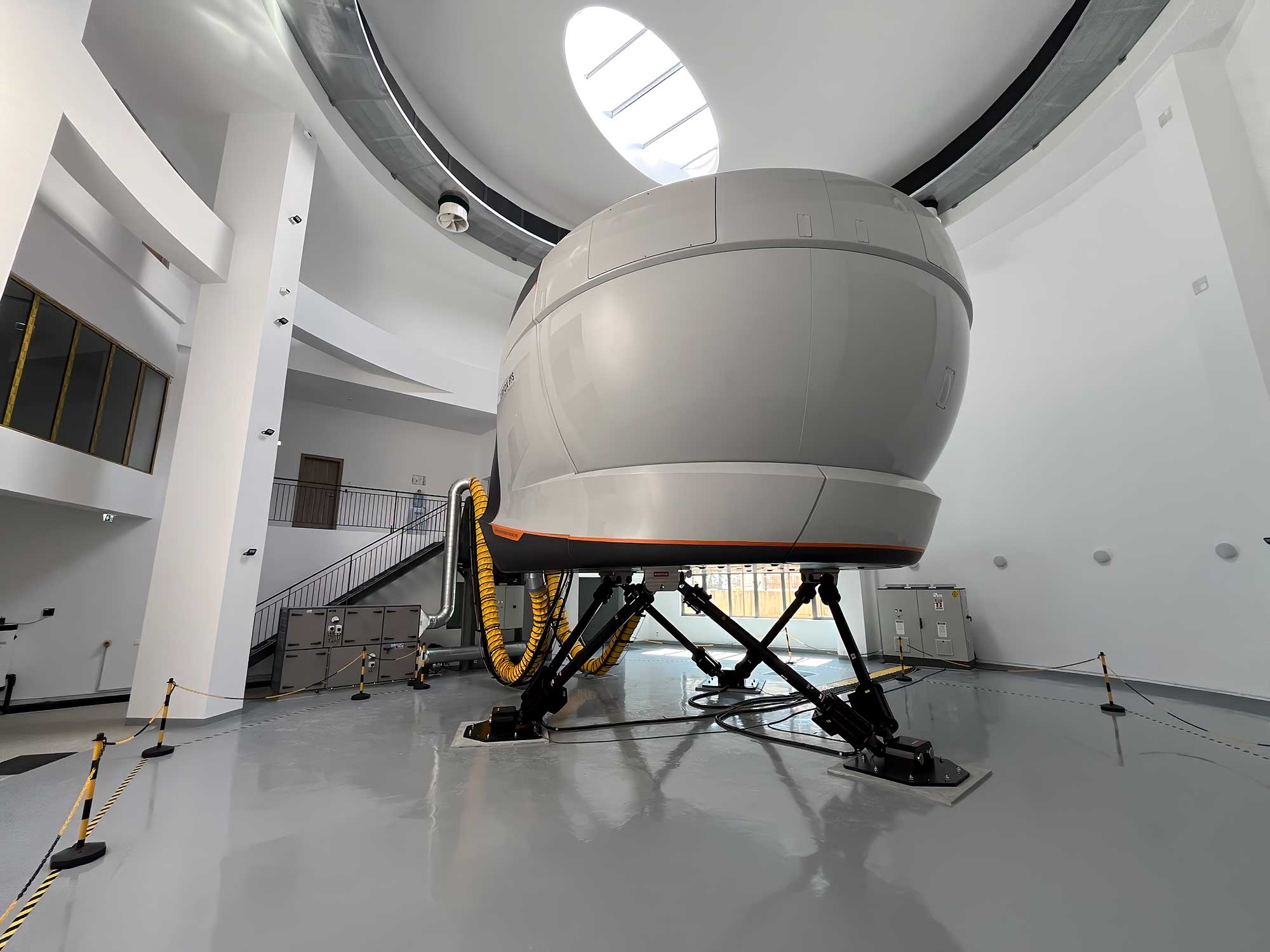 Rear view of the AMST A320 full flight simulator and motion system